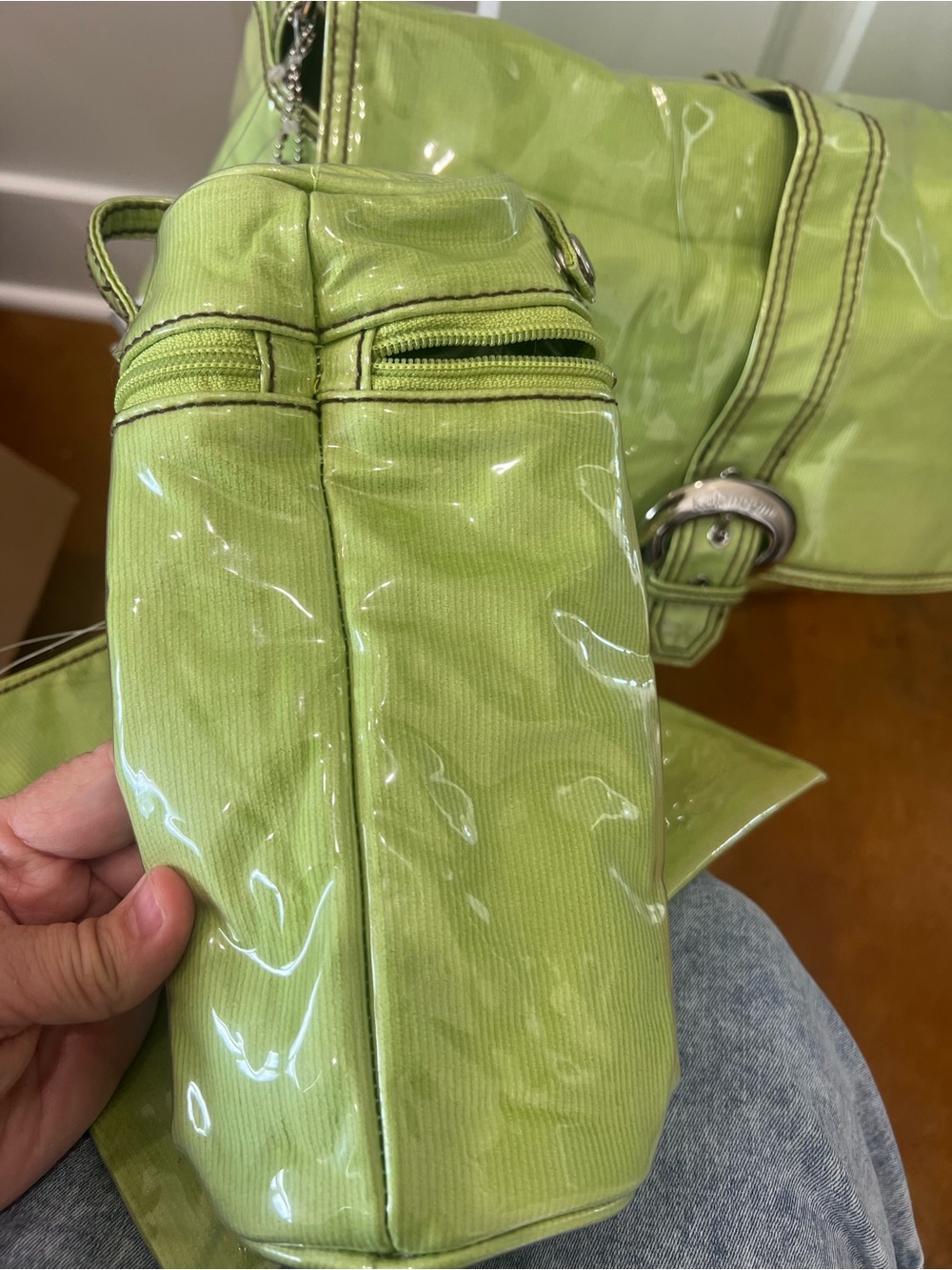 Shiny Lime Green lamenant Luxury  Diaper Bag with Buckle - Picture 6 of 9
